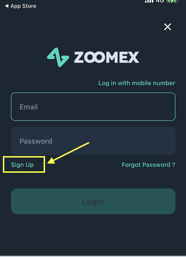 A user filling out the Zoomex crypto exchange registration form with an email and password.