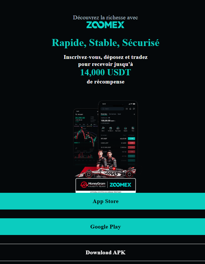 The Zoomex mobile app interface on a smartphone, showing charts and trading pairs.